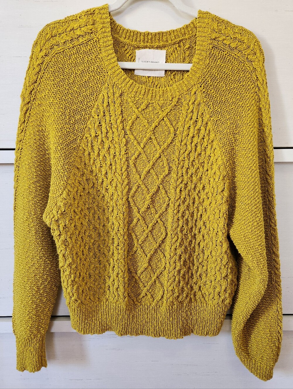 Lucky Brand Cable Crew Pullover Sweater Golden Palm Yellow Sz Small